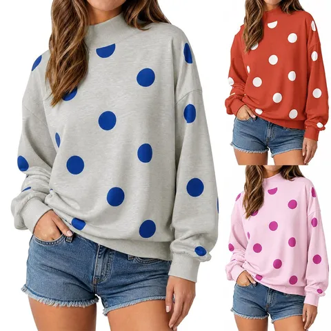 Sweat-shirt Ample Décontracté pour Femmes Col Montant Grands Pois Manches Longues Automne Hiver Pull Bloc de Couleur