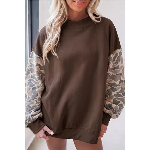 Sudadera de Forro Polar Camuflaje con Bloque de Color y Cuello Medio Alto Suelta Casual para Mujer Top de Manga Larga