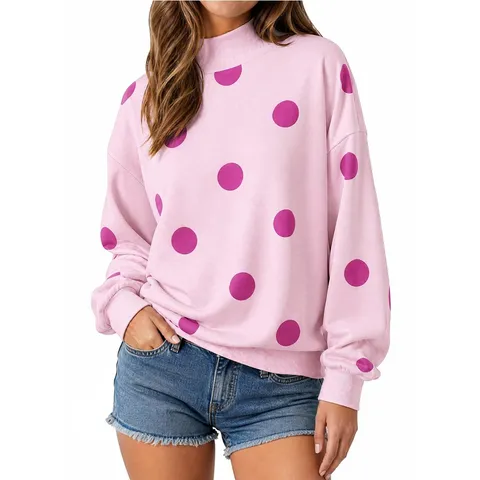 Sweat-shirt Ample Décontracté pour Femmes Col Montant Grands Pois Manches Longues Automne Hiver Pull Bloc de Couleur