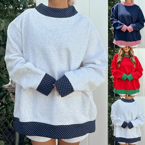Sudadera Casual Holgada de Cuello Redondo y Manga Larga con Bloque de Color y Lunares para Mujer Top de Moda de Otoño