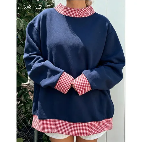 Sudadera Casual Holgada de Cuello Redondo y Manga Larga con Bloque de Color y Lunares para Mujer Top de Moda de Otoño