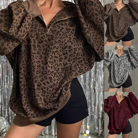 Sweat-shirt en Velours Côtelé Décontracté d'Automne pour Femme Manches Longues Lanterne Col Rabattu Demi-Zip Imprimé Léopard Top Ample