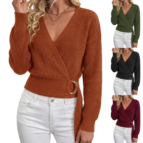 Women's Fall Winter V Neck Long Sleeve Knit Sweater Fashion Metal Buckle Lace Up Casual Solid Color Pullover Top