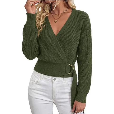 Women's Fall Winter V Neck Long Sleeve Knit Sweater Fashion Metal Buckle Lace Up Casual Solid Color Pullover Top