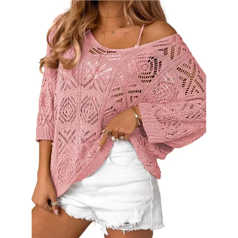 Suéter de Ganchillo Calado con Cuello en V Estilo Bohemio Casual para Mujer Mezcla de Acrílico