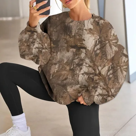 Women's Casual Long Sleeve Crew Neck Loose Sweatshirt Autumn Winter Branch Pattern Printed Pullover Top