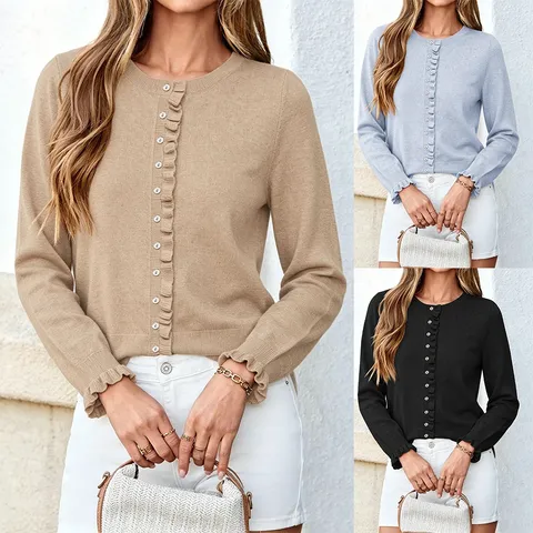Dames Casual Ronde Hals Lange Mouw Gebreid Vest Effen Kleur Randen met Volants Enkelgesloten Trui Jas