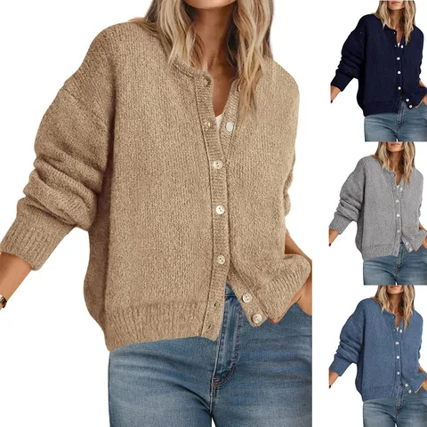 Women's Casual V-Neck Button Cardigan Solid Color Long Sleeve Loose Knit Sweater Autumn Winter Outerwear Fashion Top