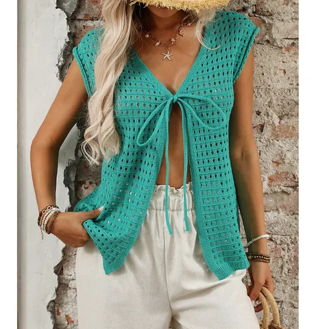 Cárdigan de Punto Calado Boho Casual para Mujer Manga Corta Cuello en V Lazo Delantero Cubierta de Playa Color Sólido Top Holgado
