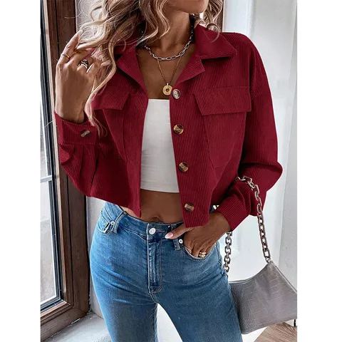 Damen Casual Cord Langarm Umlegekragen Einreihige Kurze Jacke Geknöpftes Hemd Oberbekleidung