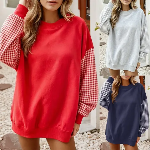 Sweat-shirt Ample à Manches Longues Col Rond Patchwork à Carreaux Color-Block Décontracté pour Femmes