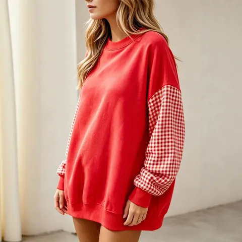 Sweat-shirt Ample à Manches Longues Col Rond Patchwork à Carreaux Color-Block Décontracté pour Femmes