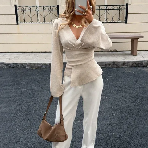 Γυναικείο Casual Slim Fit V-Neck Long Sleeve T-Shirt Y2K Sexy Elegant Ribbed Knit Pullover Top