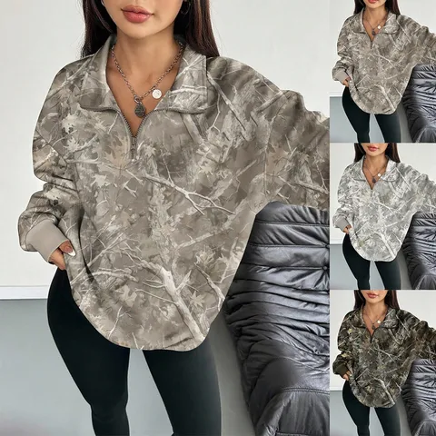 Γυναικείο Casual Φαρδύ Φερμουάρ Revers Sweatshirt Μακρύ Μανίκι Μοτίβο Κλαδιού Φθινόπωρο Χειμώνας Μόδα