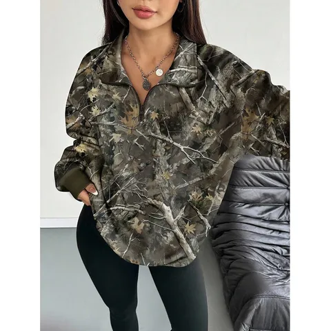Γυναικείο Casual Φαρδύ Φερμουάρ Revers Sweatshirt Μακρύ Μανίκι Μοτίβο Κλαδιού Φθινόπωρο Χειμώνας Μόδα