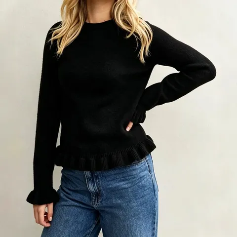 Femmes Décontracté Couleur Unie Col Rond Manches Longues Pull en Tricot Avec Élégants Volants Mode Automne Quotidien
