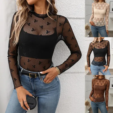 Women's Casual Mock Neck Sheer Mesh Long Sleeve T-Shirt Y2K Floral Flocked Slim Fit Sexy See Through Top