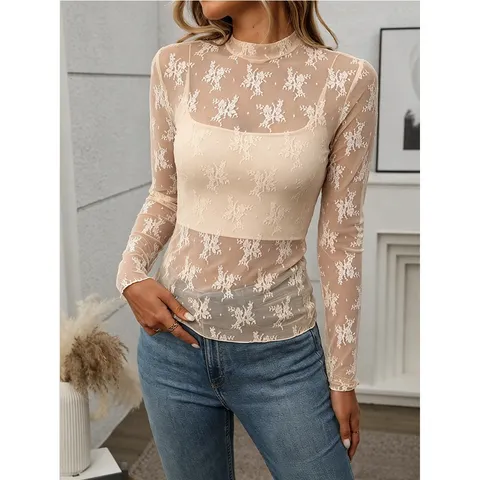 Women's Casual Mock Neck Sheer Mesh Long Sleeve T-Shirt Y2K Floral Flocked Slim Fit Sexy See Through Top