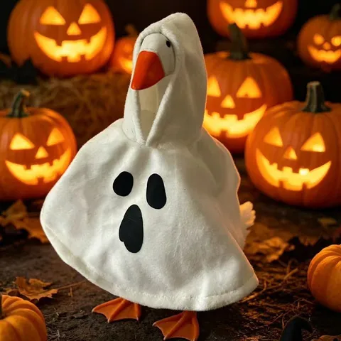Halloween Set Costume Mantello Bianco con Cappuccio per Oca Giocattolo di Peluche da Sette Pollici Stampato Fantasma Decorazione Festa Regalo