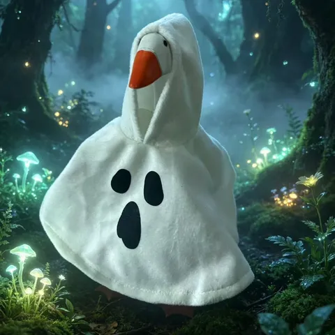 Halloween Set Costume Mantello Bianco con Cappuccio per Oca Giocattolo di Peluche da Sette Pollici Stampato Fantasma Decorazione Festa Regalo