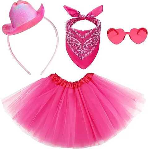 Pink Cowgirl Hat Headband Heart Sunglasses Paisley Scarf Tutu Skirt Set For Women Festive Costume Party Dressing Up Accessories