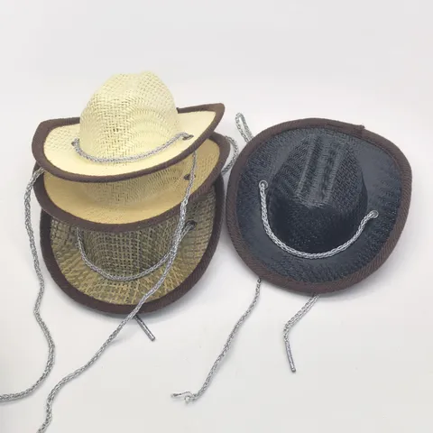 Cappello da Cowboy di Paglia per Animali Domestici Regolabile Traspirante Traforato Protezione Solare Cane Gatto Estate Festa Accessori