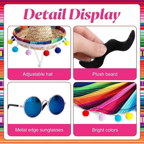 Mexican Cinco De Mayo Festival Costume Accessories Set Striped Scarf Straw Hat Sunglasses Plush Moustaches Set For Porch Goose Decor Party Supplies