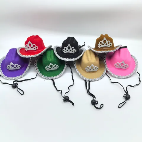 Mini Cowboy Hat Pet Dog Cat Puppy Party Costume Small Cute Crown Glitter Trim Adjustable Chin Strap Hat Pet Accessories