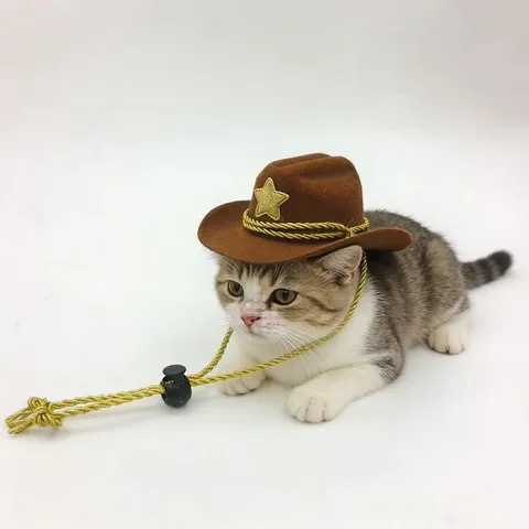 Cappello da Cowboy per Animali Domestici Stella Oro Argento Corda Mento Gatto Cane Carino Western Cowboy Cappello Festa Festival Accessori
