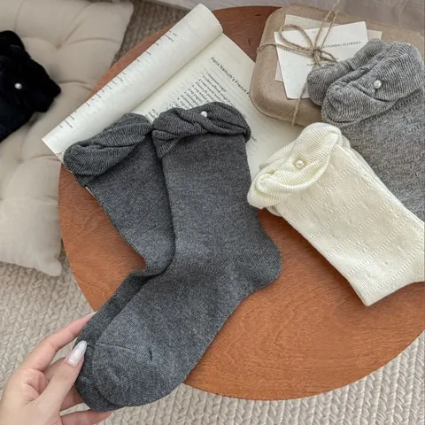 Calcetines Slouch de Media Pantorrilla de Color Sólido Casual para Mujer Lindos Perlas Volante Estilo Ballet Hosiery de Punto de Algodón Uso Diario