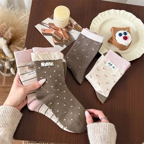 Calcetines de Tubo Medio de Algodón Estilo Preppy Japonés para Mujer Lunar Floral Puño con Volantes Calcetines Slouch Cómodos Transpirables