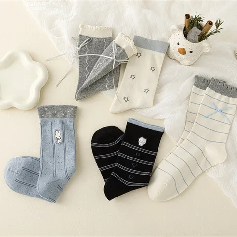 Japanese JK Style Sweet Embroidery Crew Socks For Women Preppy Girl Bowknot Slouch Socks Striped Star Pattern Cotton Socks