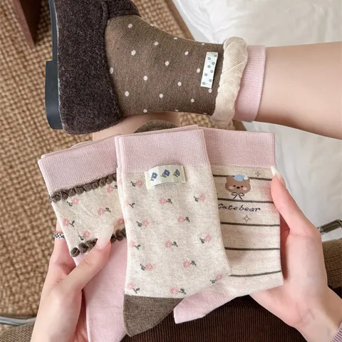 Calcetines de Tubo Medio de Algodón Estilo Preppy Japonés para Mujer Lunar Floral Puño con Volantes Calcetines Slouch Cómodos Transpirables