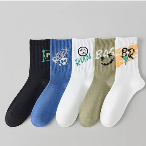 Chaussettes Mi-hautes Tendance en Coton Peigné pour Hommes Respirantes Absorbantes Chaussettes de Sport pour Adolescents Motif Lettres Crâne Sourire Streetwear