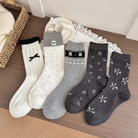 Donne Stile Coreano Carino Orso Cartone Animato Fiocco Pizzo Calzini Tubo Medio Misto Cotone Casual Quotidiano Comodo