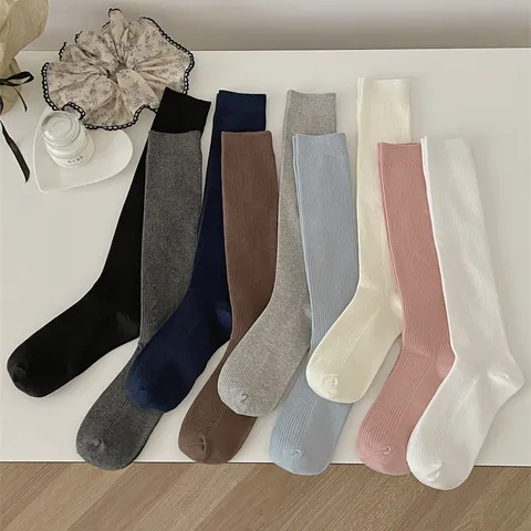 Women Casual Cotton Blend Fine Striped Calf Socks Japanese Style Fall Winter Soft Long Tube Fashion Hosiery