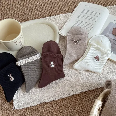 Sweet Japanese Style Embroidery Cute Rabbit Bow Lace Trim Crew Cotton Socks For Women Casual College Style Fashion
