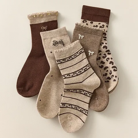 Damen Retro Schleife Leopard Streife Wadenlange Socken Baumwollmischung Süß INS Barock Stil Lässig Tägliche Strumpfwaren