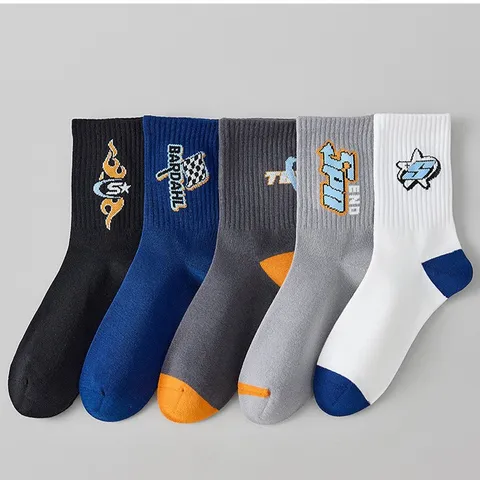Herren Baumwollmischung Wadenlange Socken Atmungsaktiv Schweißabsorbierend Sport Lässig Trendig Buchstaben Bestickte Socken Für Basketball Tägliche Kleidung