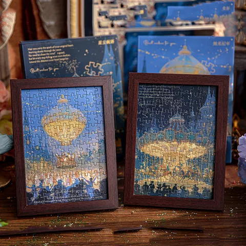 Boîte Cadeau Puzzle en Bois Scène Nocturne Conte Fées Avec Cadre Photo Dorure Château Carrousel Illustration Ornement Bureau Cadeau Anniversaire École Papeterie