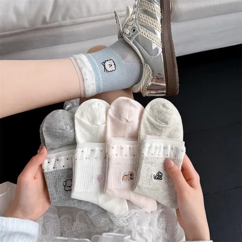 Calcetines de Media Pantorrilla Lindos de Mezcla de Algodón con Malla Estilo Preppy para Mujer Lazo Bordado con Volantes Calcetines para Niñas Casuales Ligeros Transpirables
