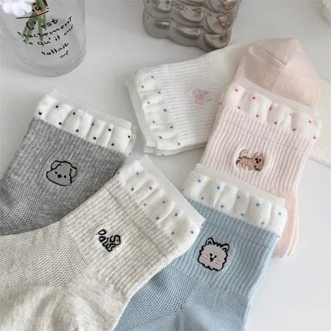 Calcetines de Media Pantorrilla Lindos de Mezcla de Algodón con Malla Estilo Preppy para Mujer Lazo Bordado con Volantes Calcetines para Niñas Casuales Ligeros Transpirables