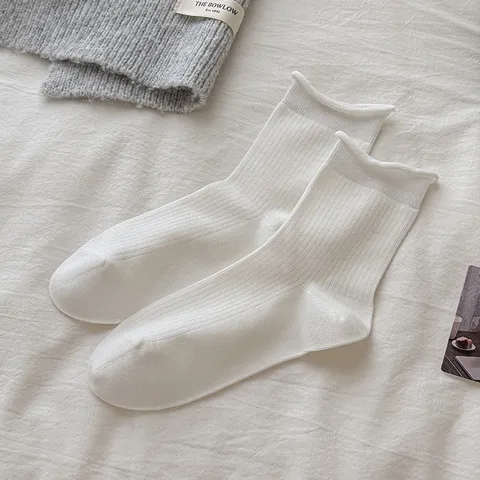 Calcetines de Media Pantorrilla para Mujer Minimalista de Algodón con Borde de Volantes Hecha a Mano Sin Costuras Color Sólido Suave Transpirable Casual Blanco Calcetines