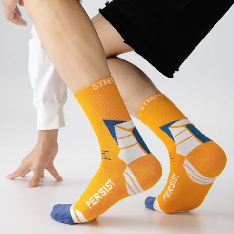 Men's Color Block Crew Sport Socks Cotton Blend Breathable Running Basketball Mid-Calf Athletic Socks Double Yarn Boneless