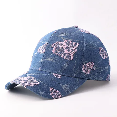 Gorra de Béisbol de Denim Étnica de Moda para Mujeres Hombres Parche de Flor Rosa Bordado Algodón Visera Curva Sombrero al Aire Libre