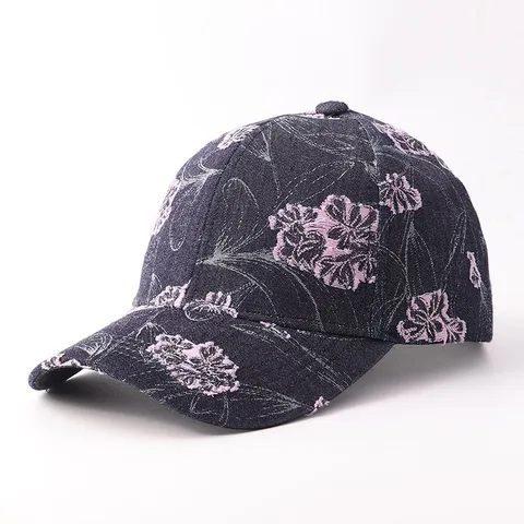 Gorra de Béisbol de Denim Étnica de Moda para Mujeres Hombres Parche de Flor Rosa Bordado Algodón Visera Curva Sombrero al Aire Libre