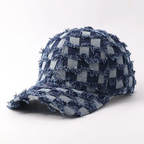 Gorra de Béisbol de Mezclilla Desgastada Mujeres Hombres Cuadros Diamantes Ala Curva Sombrero Ajustable Streetwear Casual