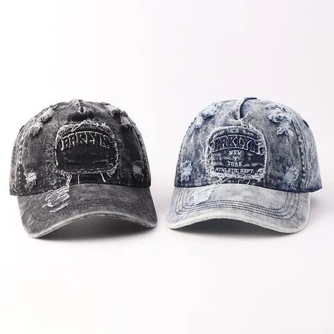 Cappellino da Baseball in Denim Distressed Vintage Ricamo New York Brooklyn Lettera Regolabile Streetwear Lavato Uomo Donna