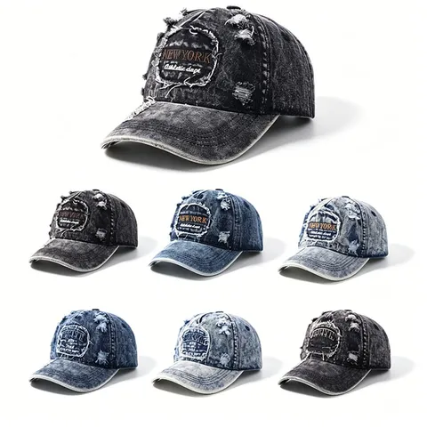 Cappellino da Baseball in Denim Distressed Vintage Ricamo New York Brooklyn Lettera Regolabile Streetwear Lavato Uomo Donna