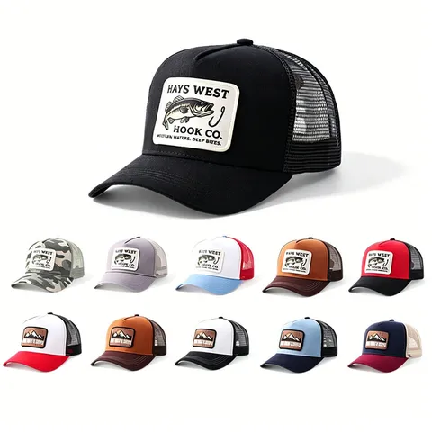 Gorra Trucker de Poliéster para Hombre Mujer Transpirable Parche Bordado Gorra de Béisbol Patrón de Montaña Pez Protección Solar Aire Libre